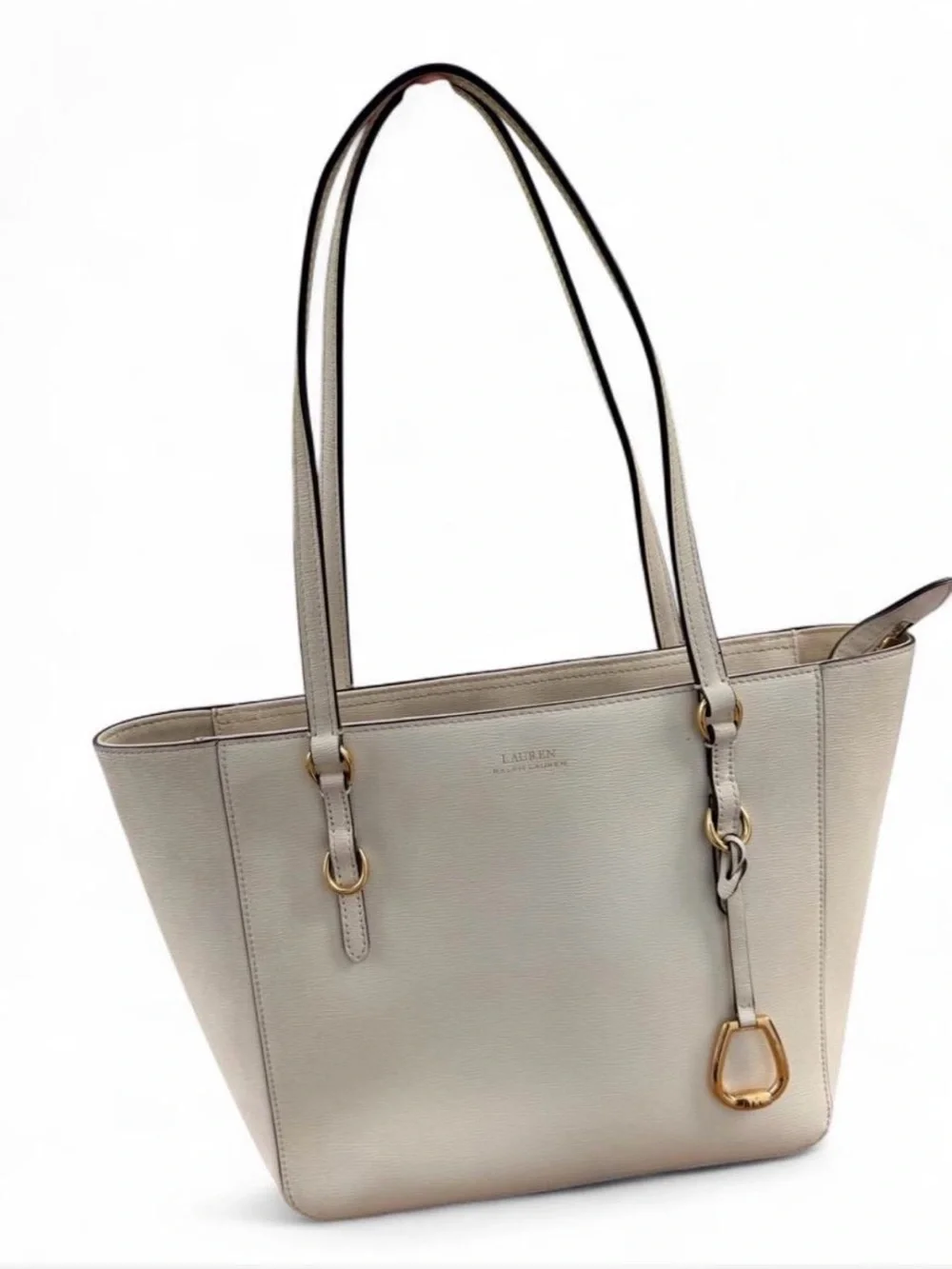 Lauren Ralph Lauren Cream Leather Tote with Gold Hardware